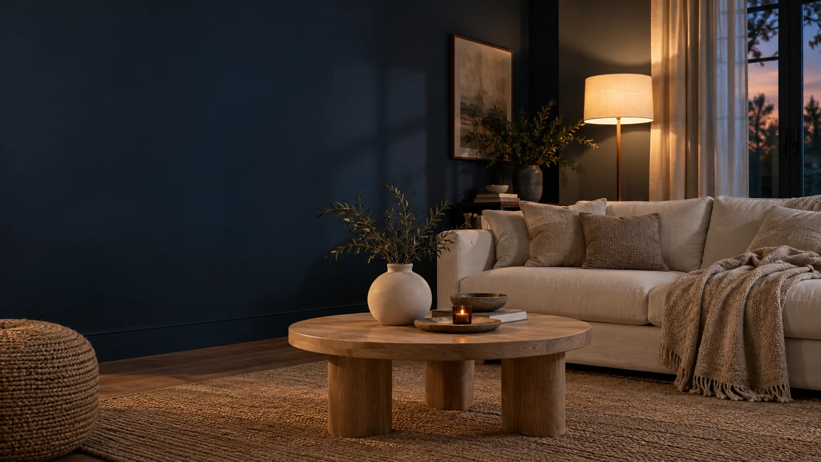 A quiet evening interior with cream textiles and warm wood accents