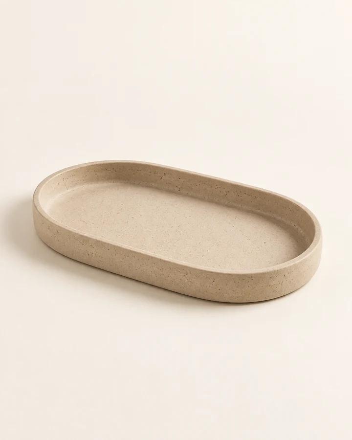 Oval silhouette with a low rim. One tray; keys and jewelry not included.