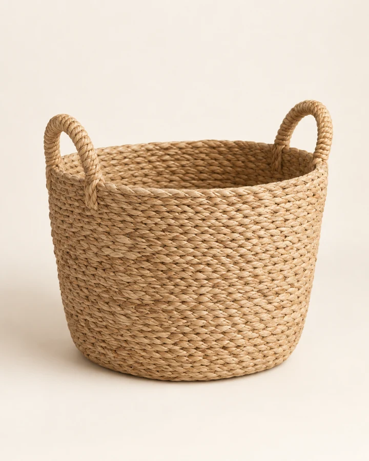 Natural sand-colored woven look and two handles. One basket; contents not included.